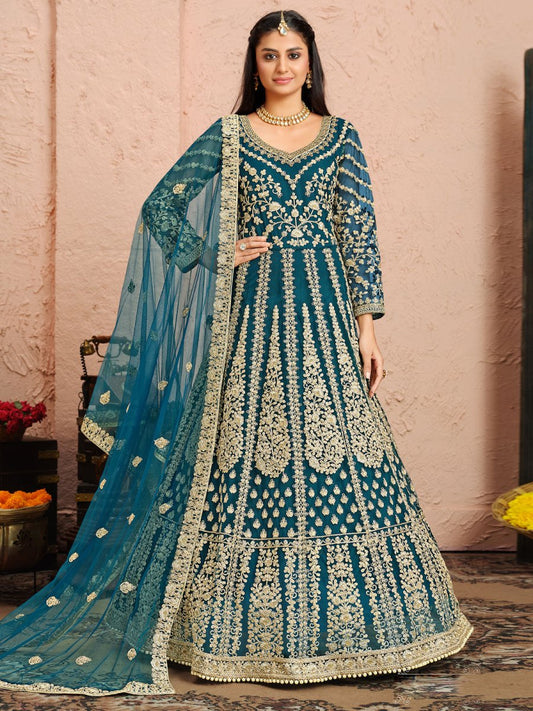 Teal Net Partywear Anarkali Suit - Inddus.com