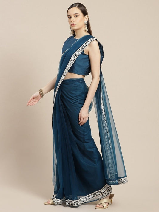 Teal Net Sequinned Embroidered Saree - inddus-us