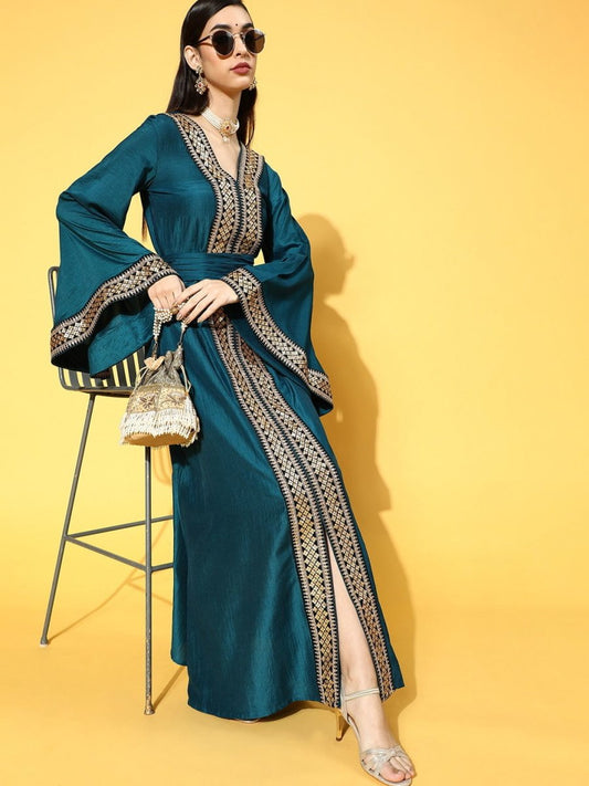 Teal Poly Silk Partywear Ethnic Motifs Dresses - Inddus.com