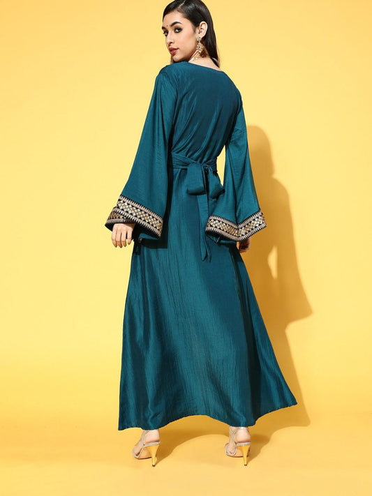 Teal Poly Silk Partywear Ethnic Motifs Dresses - Inddus.com