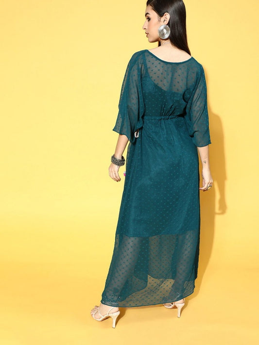 Teal Polyester Partywear Self Design Dresses - Inddus.com