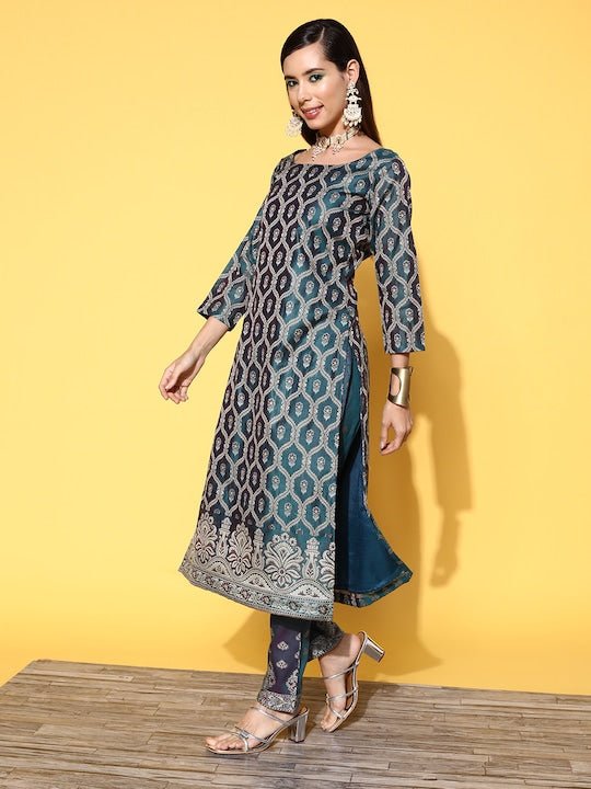 Teal Pure Cotton Unstitched Dress Material - Inddus.com