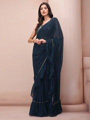 Teal Ruffled Poly Georgette Saree