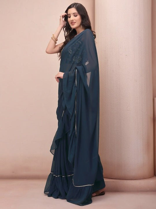 Teal Ruffled Poly Georgette Saree