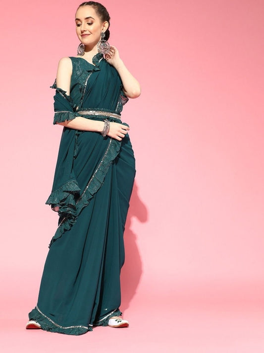 Teal Ruffled Saree with Embellished Belt - inddus-us