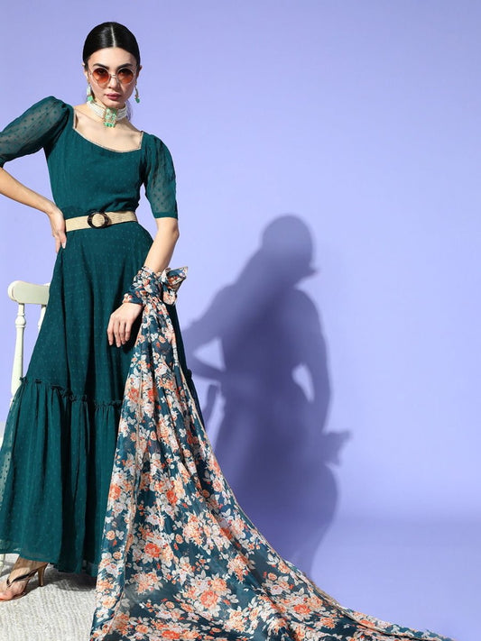 Teal Self Design Kurta with Printed Dupatta & Belt - Inddus.com