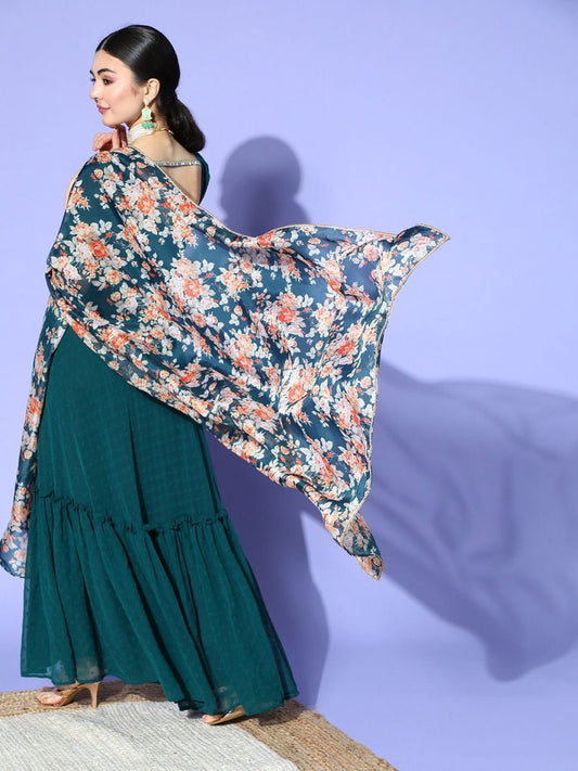 Teal Self Design Kurta with Printed Dupatta & Belt - Inddus.com