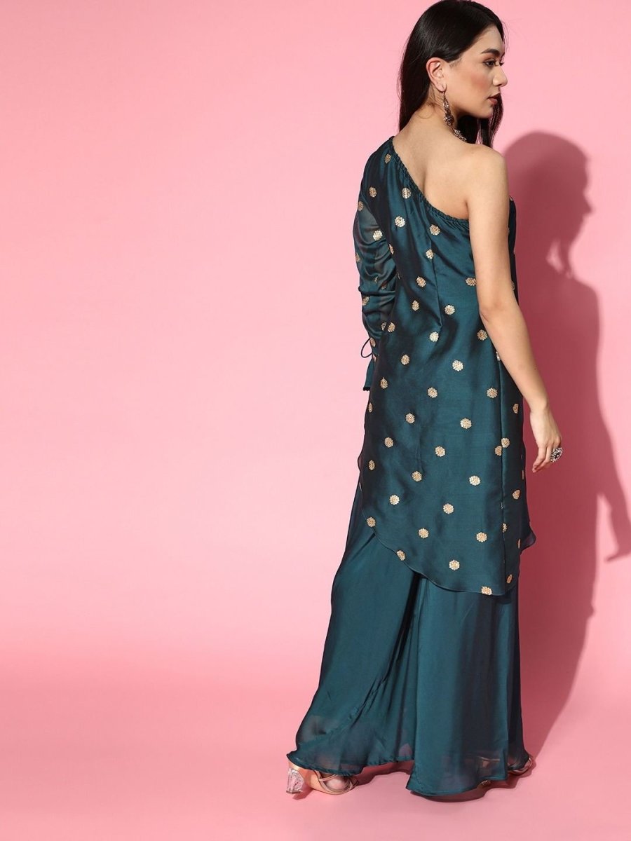 Teal Sequinned Embroidered Kurta with Palazzo - Inddus.com