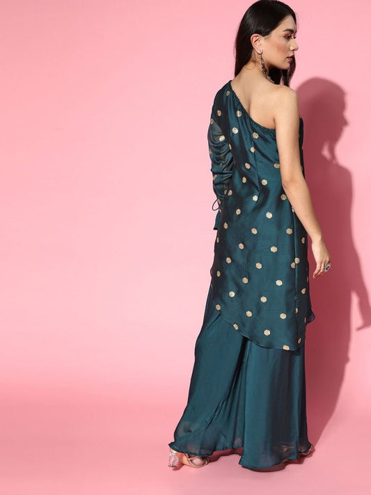 Teal Sequinned Embroidered Kurta with Palazzo - Inddus.com