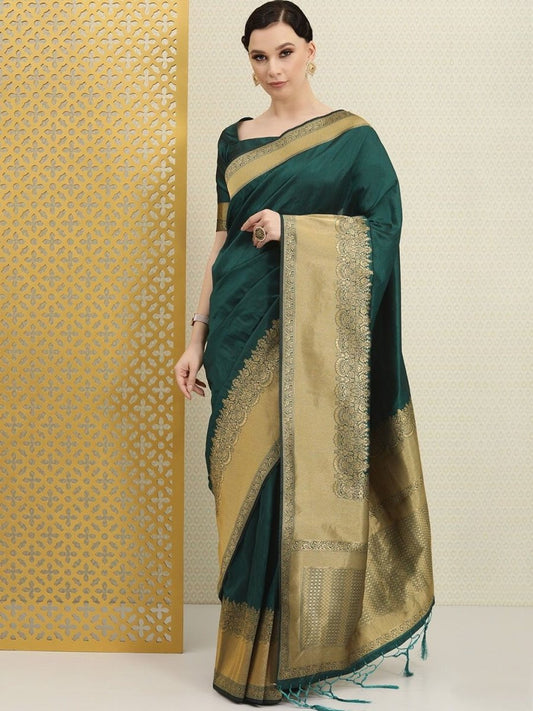 Teal Solid Etnic Motifs Zari Woven Border Saree - inddus-us