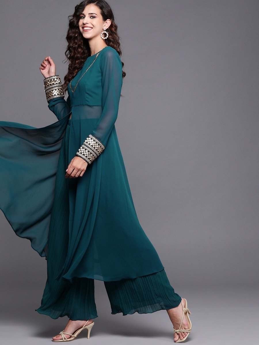 Teal Solid High Slit Kurta with Accordian Pleat Palazzo - Inddus.com