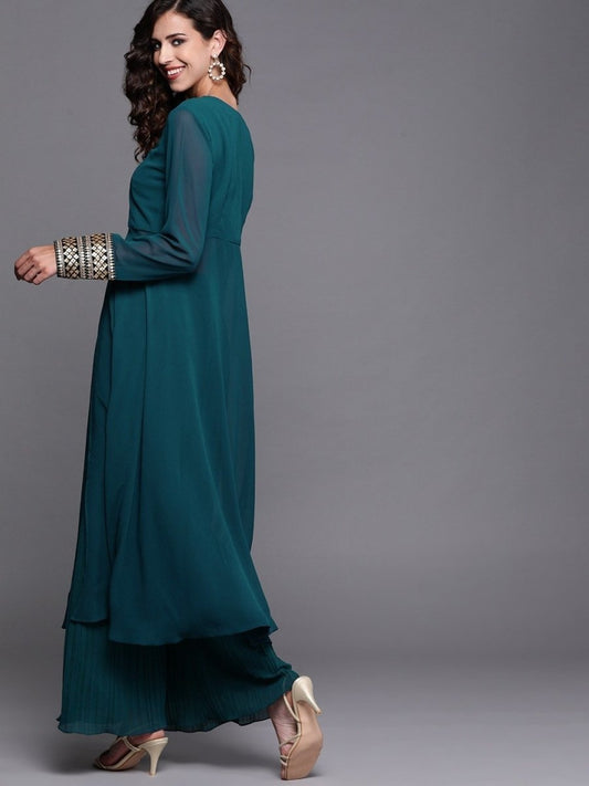 Teal Solid High Slit Kurta with Accordian Pleat Palazzo - Inddus.com