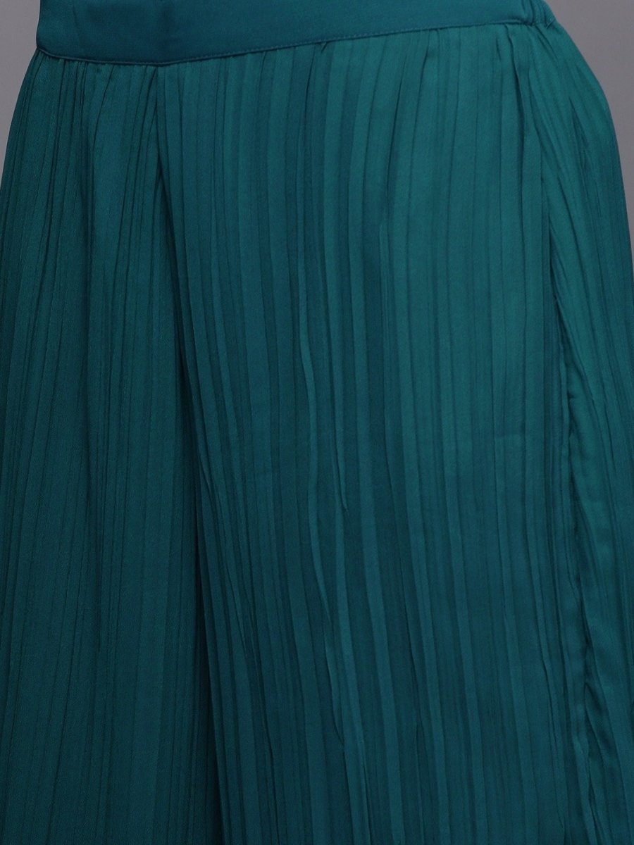 Teal Solid High Slit Kurta with Accordian Pleat Palazzo - Inddus.com