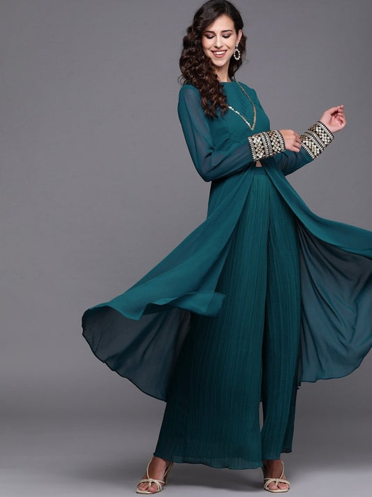 Teal Solid High Slit Kurta with Accordian Pleat Palazzo - Inddus.com