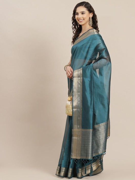 Teal Solid Organza Woven Border Saree - inddus-us