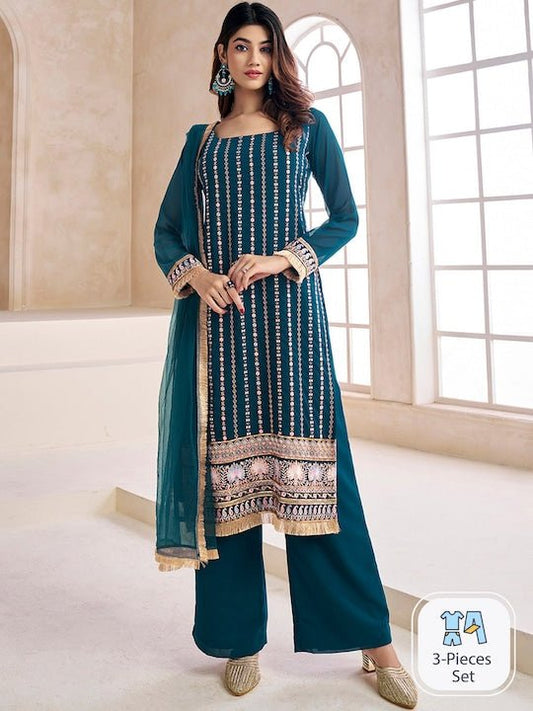 Teal Striped Embroidered Beads & Stones Straight Kurta & Palazzos With Dupatta - Inddus.com