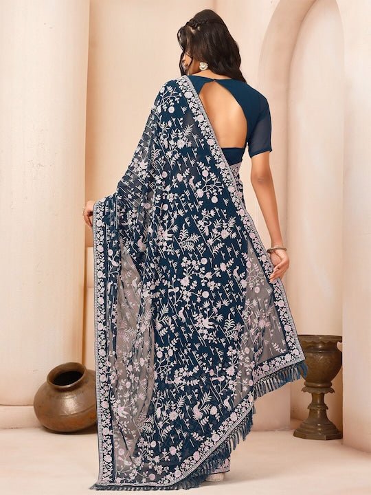 Teal & White Floral Embroidered Sequinned Poly Georgette Saree - Inddus.com