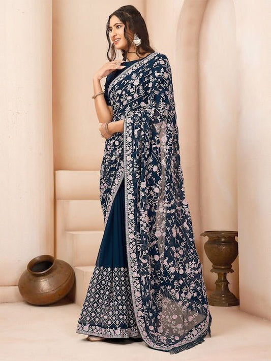 Teal & White Floral Embroidered Sequinned Poly Georgette Saree - Inddus.com