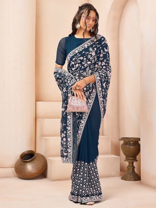 Teal & White Floral Embroidered Sequinned Poly Georgette Saree - Inddus.com