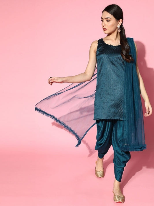 Teal Woven Brocade Kurta with Dhoti Pants and Net Dupatta - Inddus.com