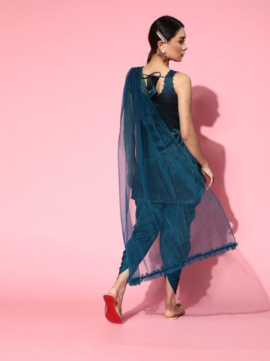 Teal Woven Brocade Kurta with Dhoti Pants and Net Dupatta - Inddus.com