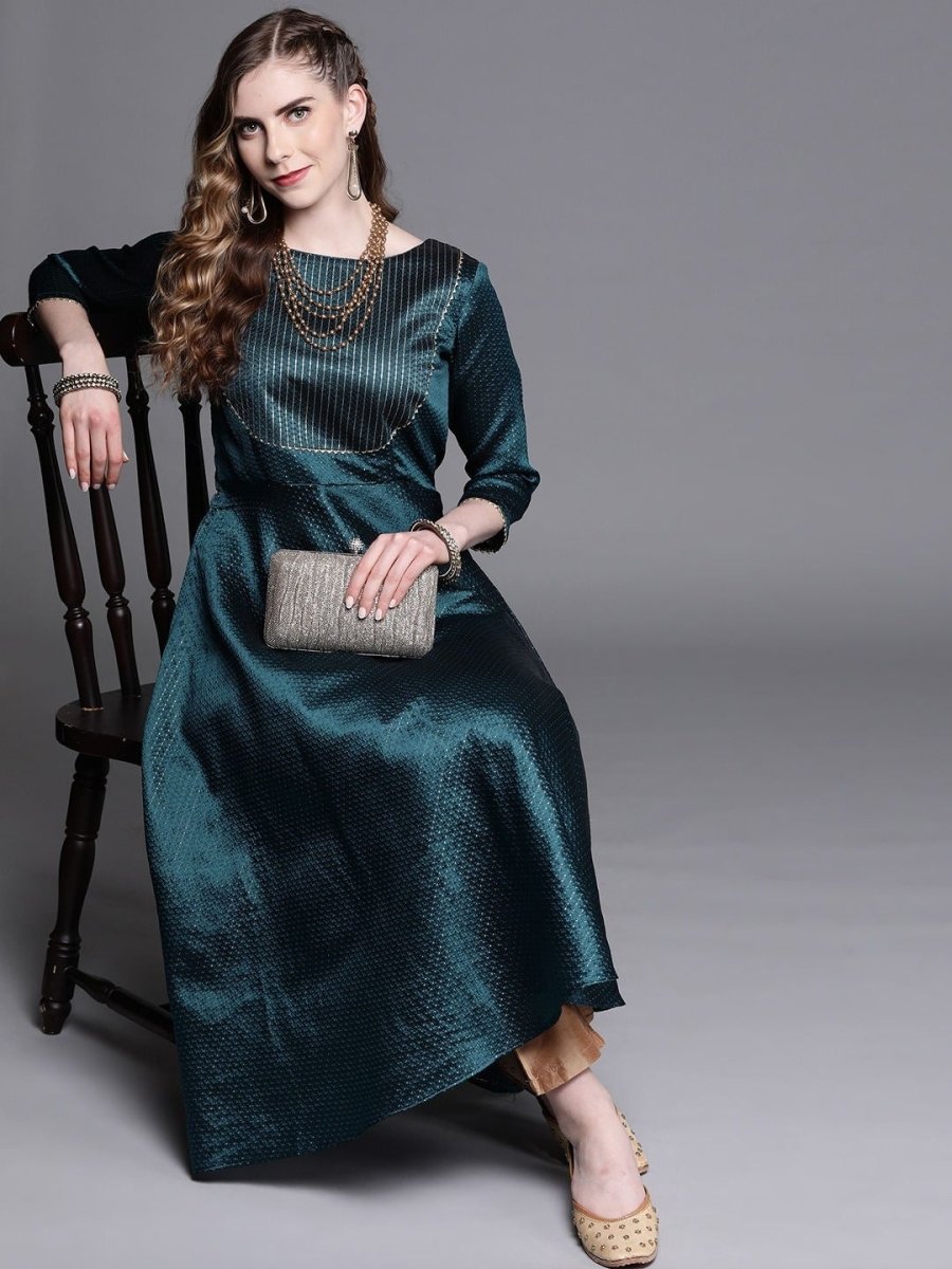 Teal Yoke Woven Design Kurta - Inddus.com