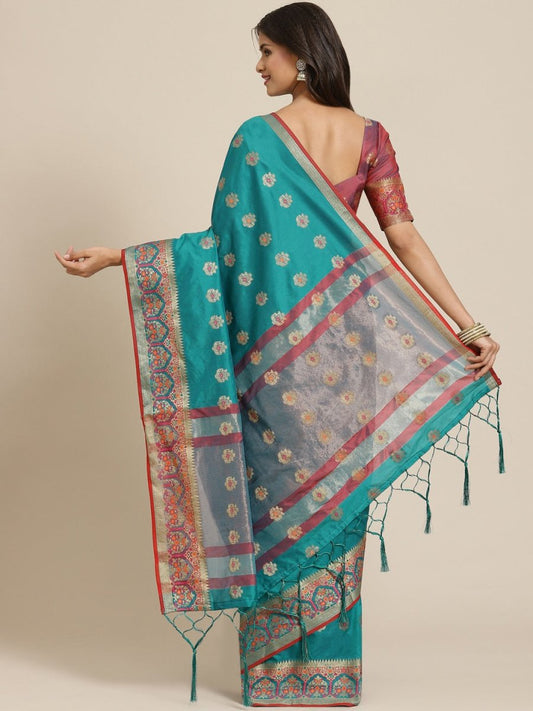 Teal Zari Woven Banarasi Saree - Inddus.com