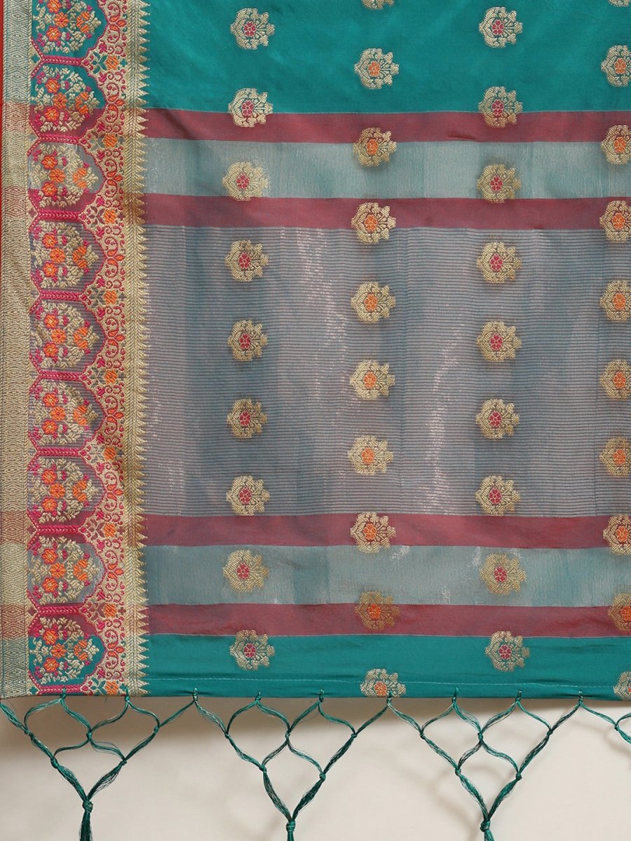 Teal Zari Woven Banarasi Saree - Inddus.com