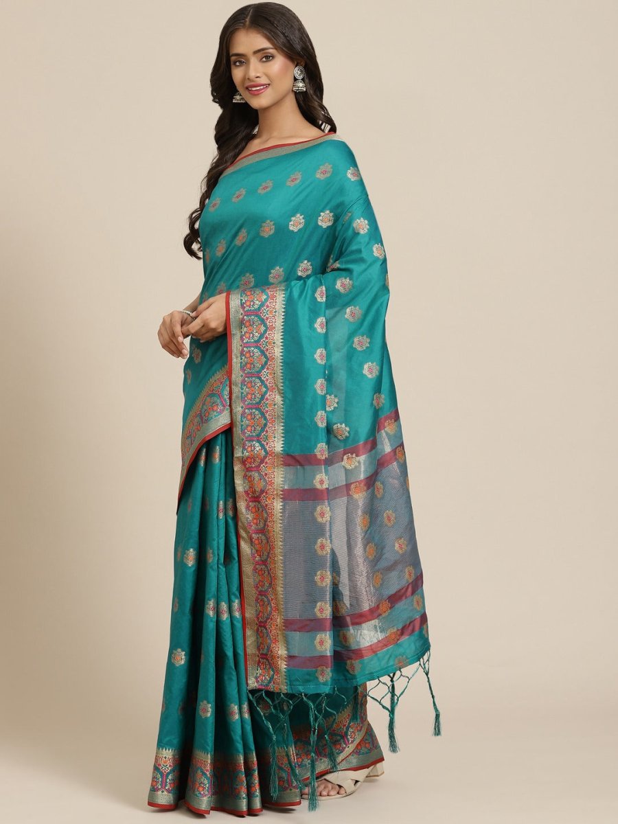 Teal Zari Woven Banarasi Saree - Inddus.com