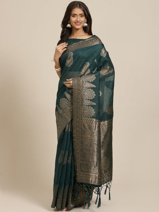 Teal Zari Woven Embellished Banarasi Saree - Inddus.com