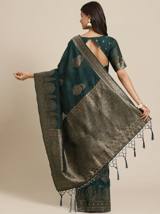 Teal Zari Woven Embellished Banarasi Saree - Inddus.com