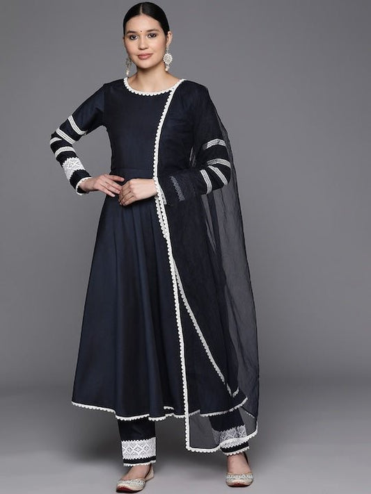 Thread Work Lace Detail Kurta With Trousers & Dupatta - Inddus.com