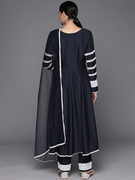 Thread Work Lace Detail Kurta With Trousers & Dupatta - Inddus.com