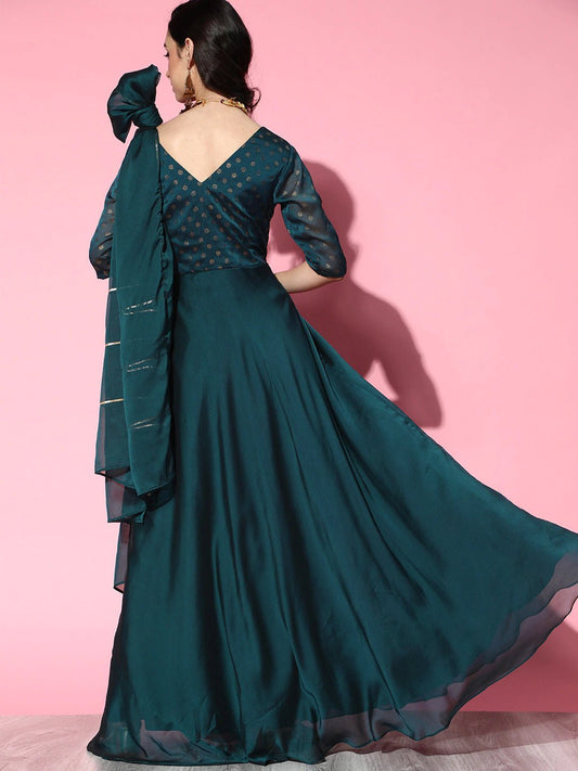 Tranquil Teal Silk Festive Gown Kurta with gotta detail dupatta - Inddus.com