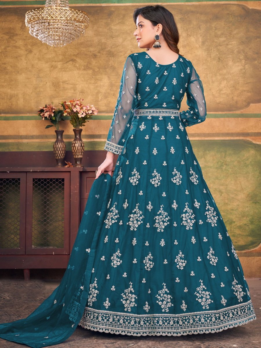 Turquoise Net Partywear Anarkali Suit - Inddus.com