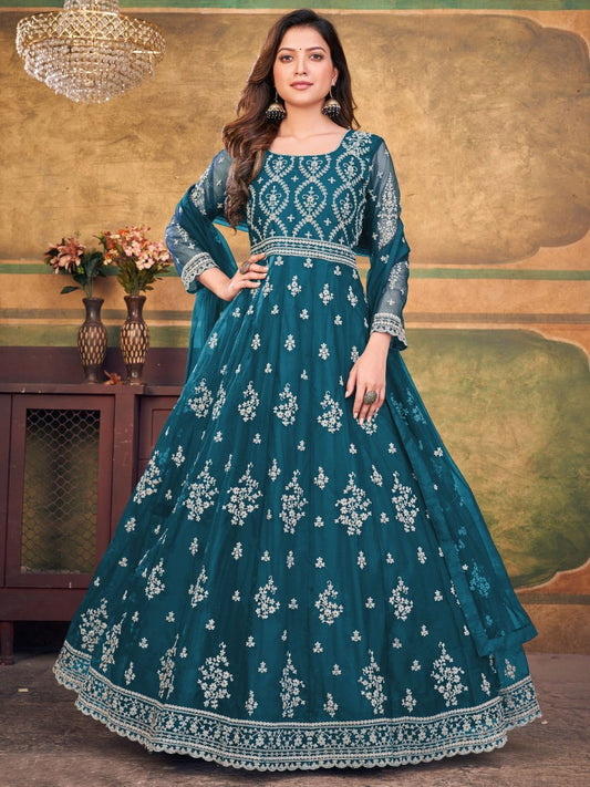 Turquoise Net Partywear Anarkali Suit - Inddus.com