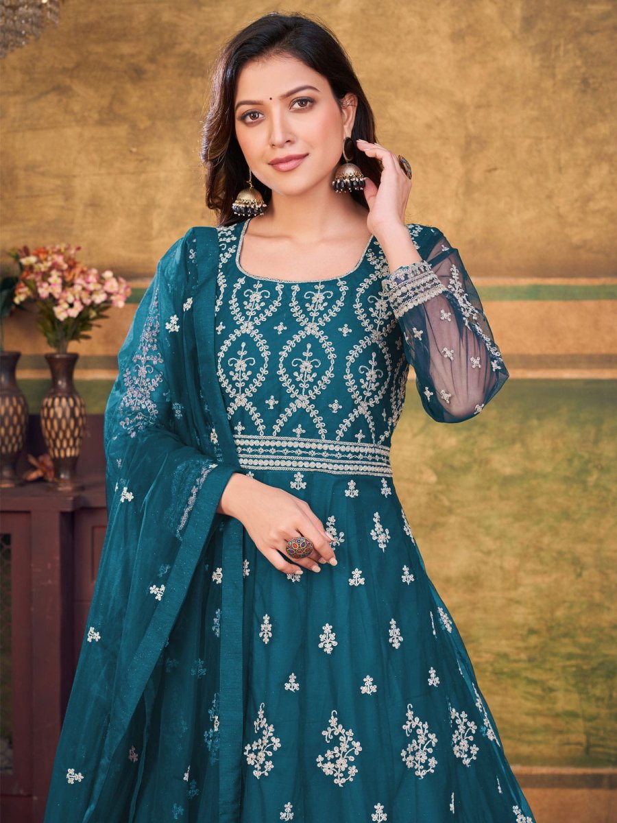 Turquoise Net Partywear Anarkali Suit - Inddus.com