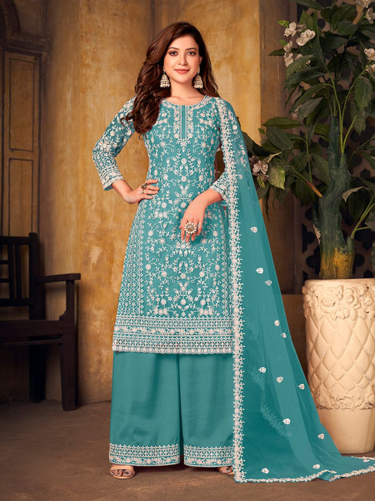 Turquoise Net Partywear Palazzo Suit - Inddus.com