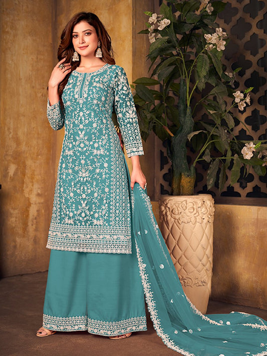 Turquoise Net Partywear Palazzo Suit - Inddus.com