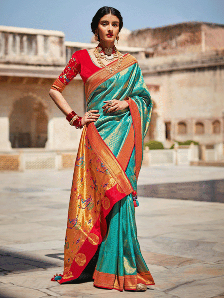 Turquoise Color Silk Saree With Designer Blouse
