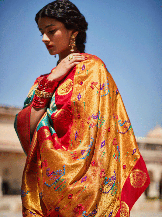 Turquoise Silk Embellished Saree - Inddus.com