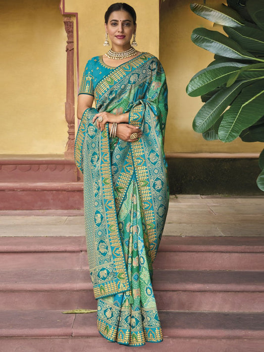 Turquoise Viscose Silk Traditional Saree - Inddus.com