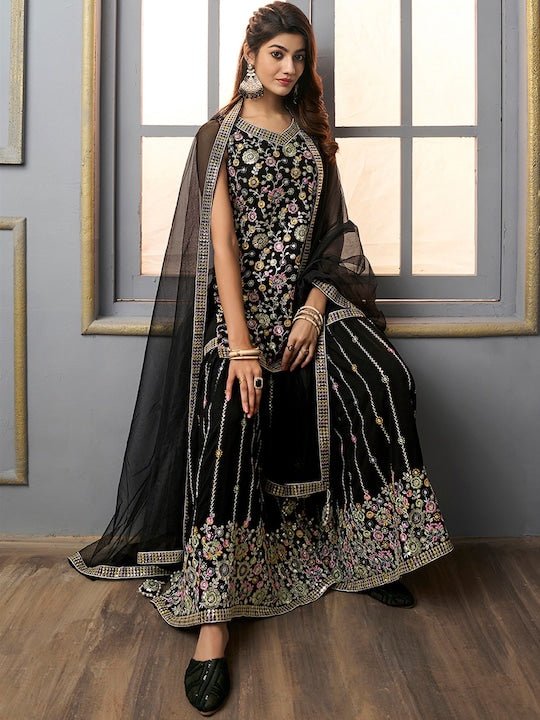 V-Neck Floral Embroidered Sequinned Detailed Kurta & Sharara With Dupatta - Inddus.com