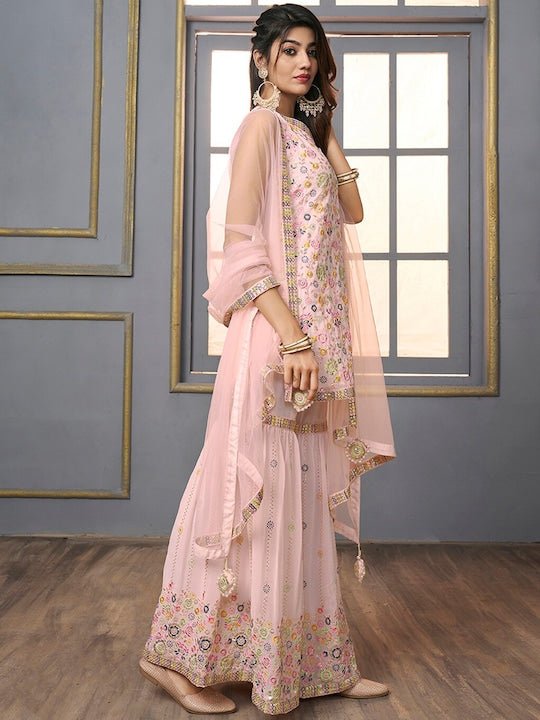 V-Neck Floral Embroidered Sequinned Detailed Kurta & Sharara With Dupatta - Inddus.com