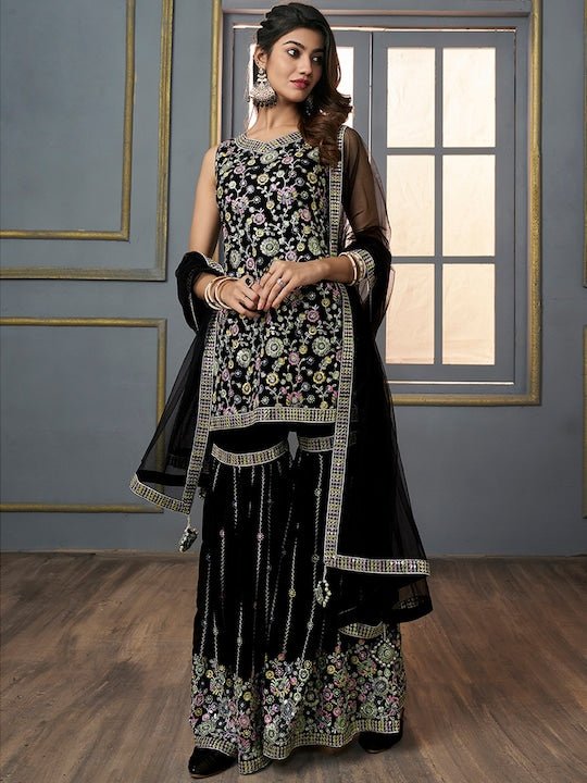 V-Neck Floral Embroidered Sequinned Detailed Kurta & Sharara With Dupatta - Inddus.com