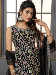 V-Neck Floral Embroidered Sequinned Detailed Kurta & Sharara With Dupatta - Inddus.com