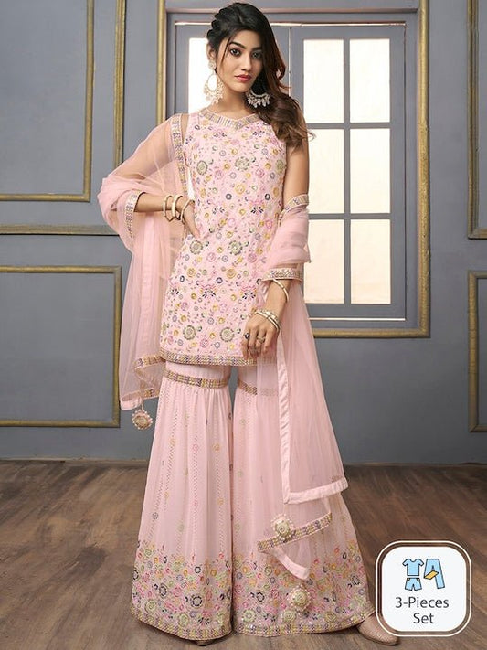 V-Neck Floral Embroidered Sequinned Detailed Kurta & Sharara With Dupatta - Inddus.com