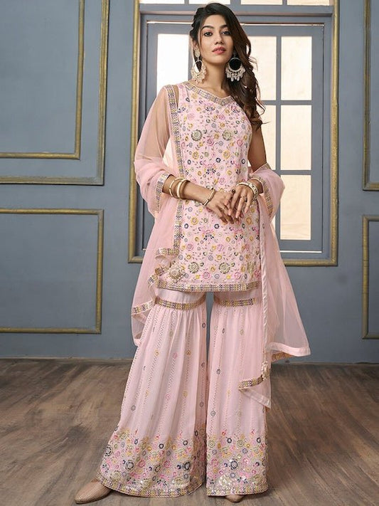 V-Neck Floral Embroidered Sequinned Detailed Kurta & Sharara With Dupatta - Inddus.com