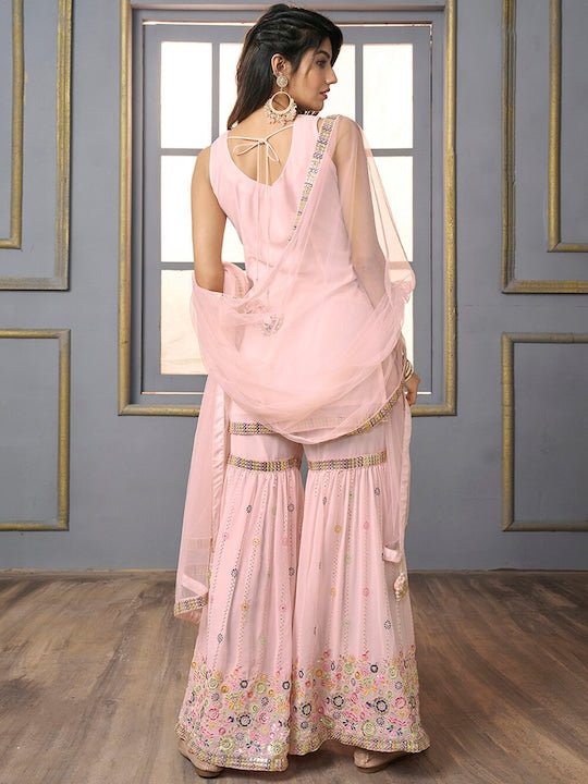 V-Neck Floral Embroidered Sequinned Detailed Kurta & Sharara With Dupatta - Inddus.com