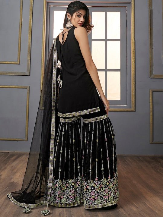 V-Neck Floral Embroidered Sequinned Detailed Kurta & Sharara With Dupatta - Inddus.com